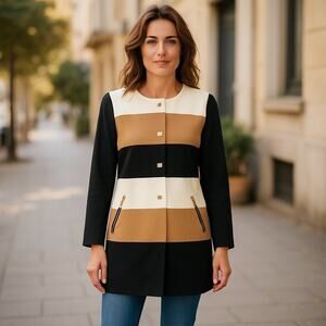 Chicos Womens Large Colorblock Longline Coat Jacket Black Tan White Modern